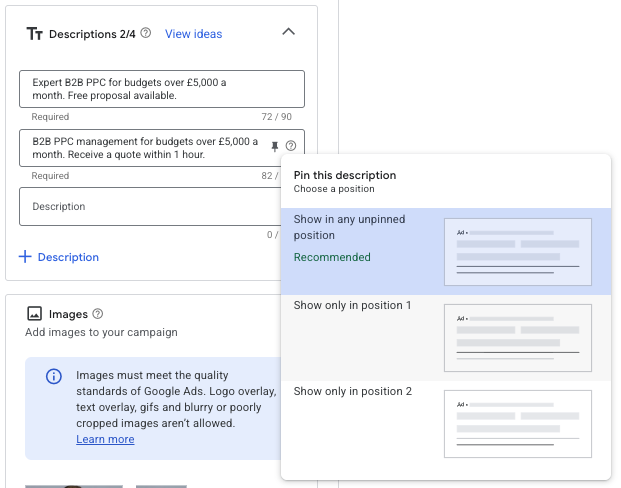google ads headlining descriptions.