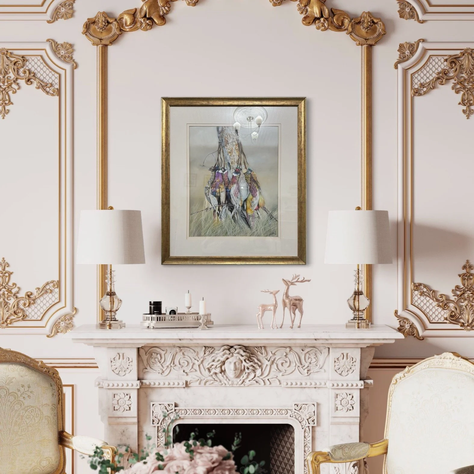 Elegant living room with ornate white fireplace, gold accents, a framed painting of ducks hanging on the wall, and modern lamps on the mantel. Decorative deer figurines and candles are also on the mantel, with plush chairs nearby.