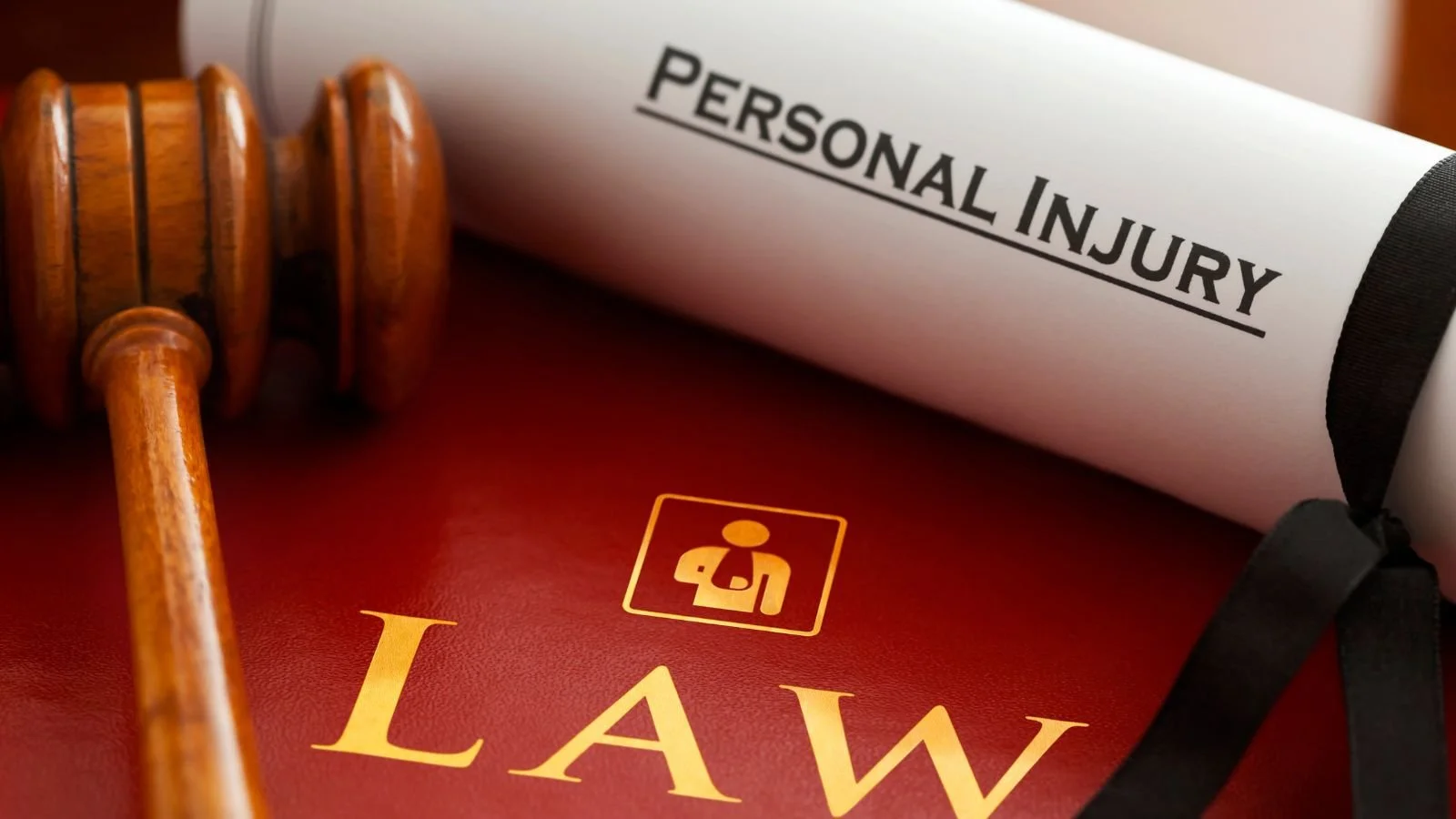 A gavel, a legal document, and a law book with 'PERSONAL INJURY' written on the document and 'LAW' on the book cover, indicating legal or law-related context.