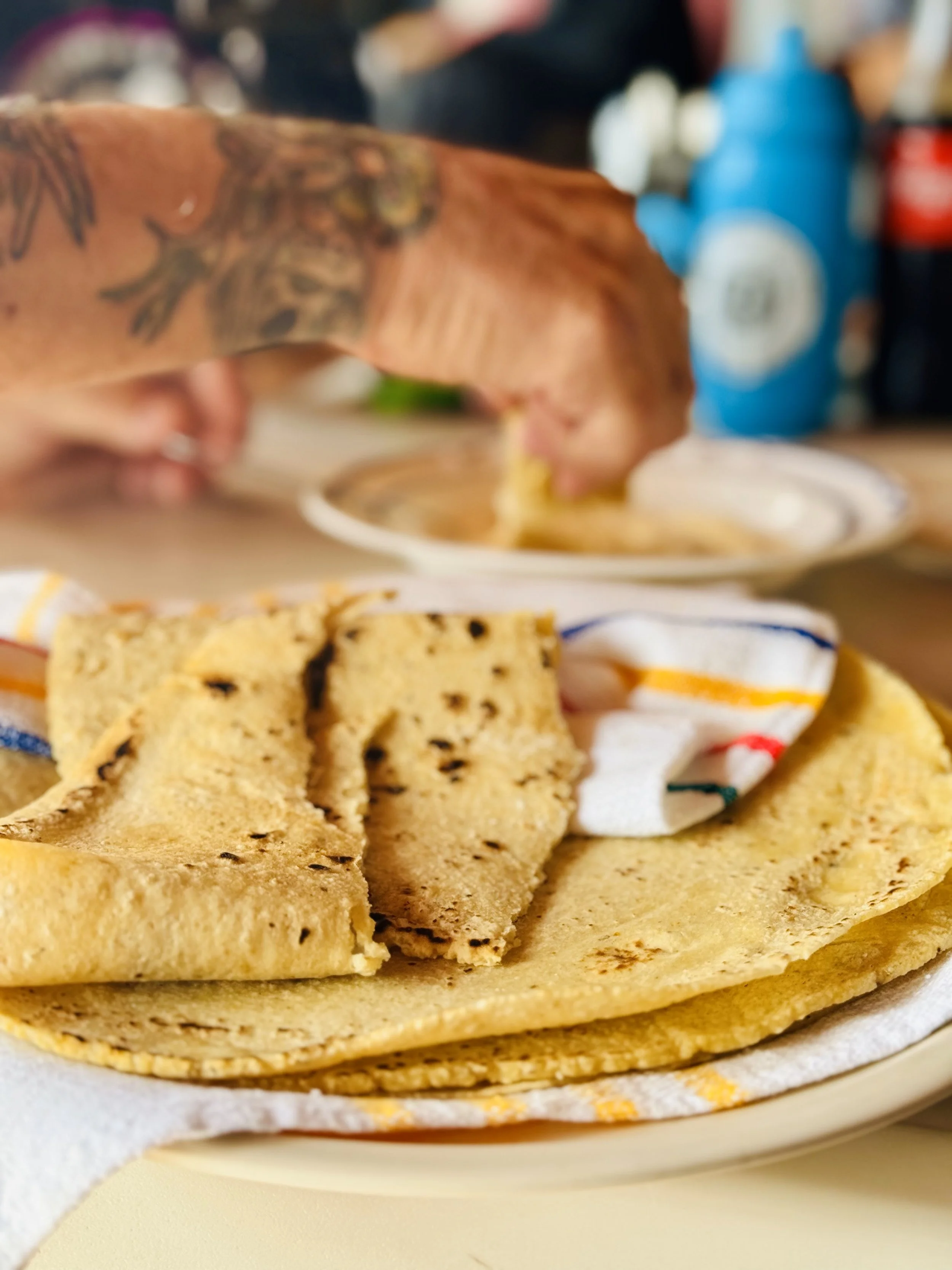 Close-up of a breakfast plate with a folded tortilla and a slice of French toast with chocolate chips, on a white plate with a colorful napkin underneath.