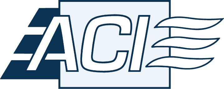 Logo of ACI with stylized letters and three wavy lines.