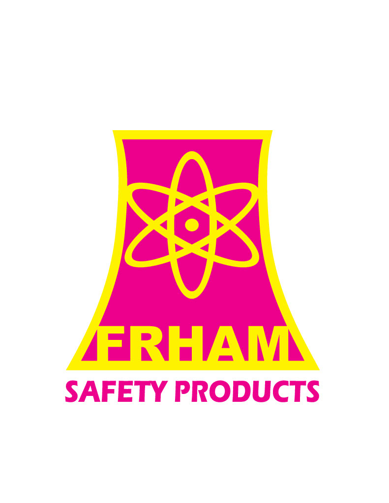 Bright pink and yellow logo for ERHAM Safety Products, featuring an atom symbol and the company name.