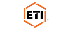 Logo of ETI in black letters with an orange hexagon outline around it.