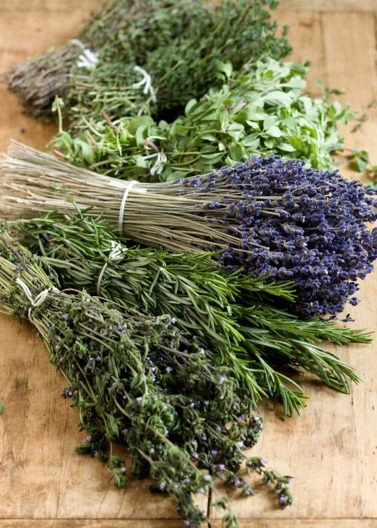 Several bundles of fresh herbs including lavender, rosemary, thyme, and basil laid out on a wooden surface.