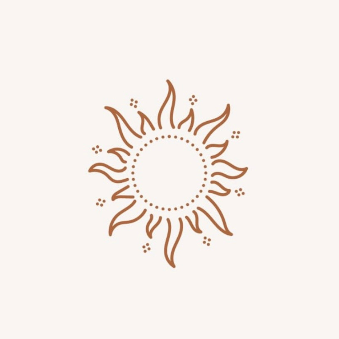 Stylized sun icon with wavy rays and dotted circle in the center on a plain background.