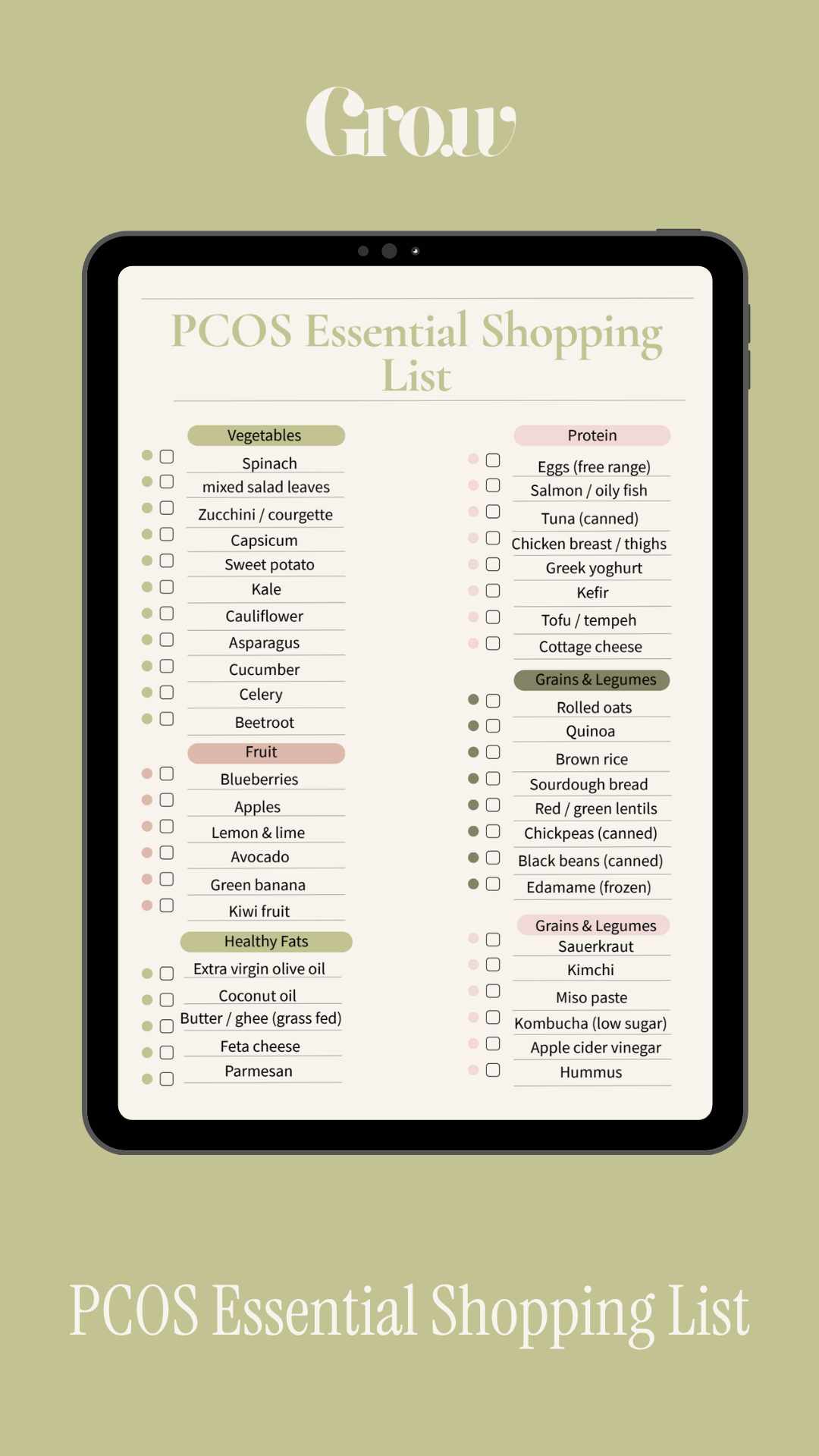 Tablet displaying a PCOS essential shopping list with categories for vegetables, fruits, healthy fats, protein, grains & legumes and canned items. The list includes items like spinach, blueberries, extra virgin olive oil, eggs, rolled oats, and chickpeas.