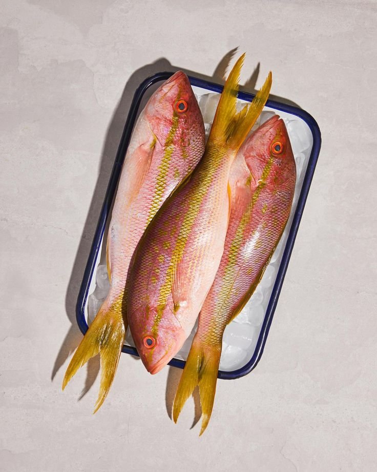 Three pinkish fish with yellow-green stripes and yellow fins laid on ice in a black-edged container.