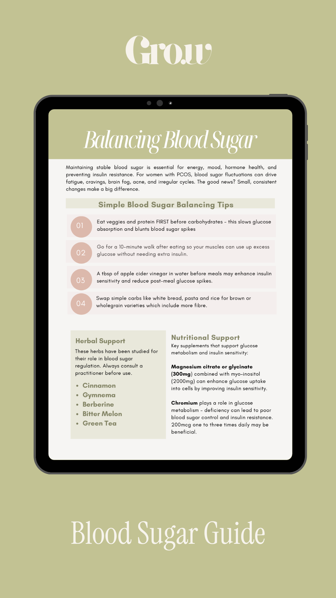 A digital tablet displaying a blood sugar management guide with tips on balancing blood sugar, herbal and nutritional support, and a subtitle reading "Blood Sugar Guide" against a light green background with the word "Grow" at the top.