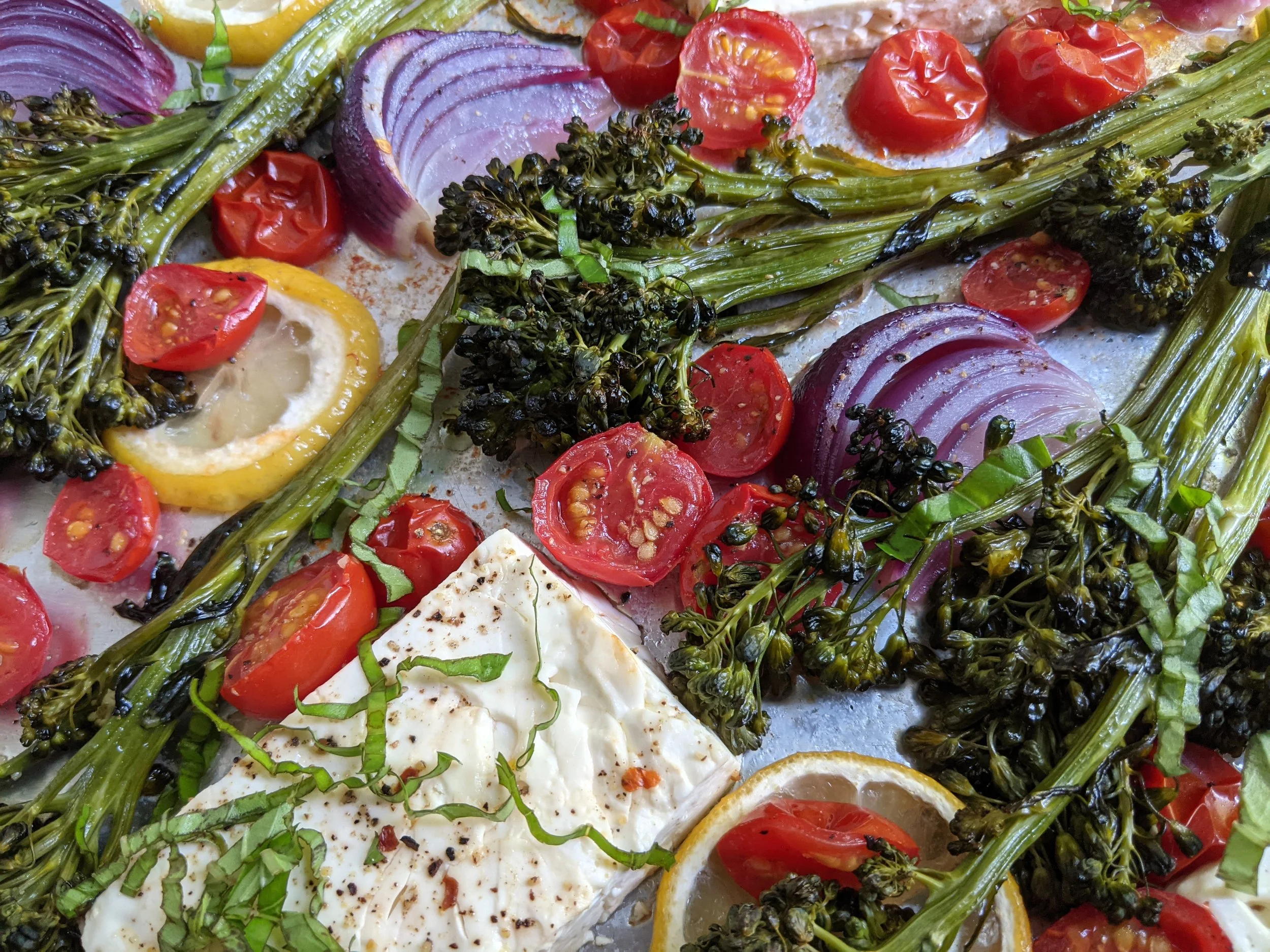 Tomato Very Cherry Cascade_baked_sheet pan broccolini & feta.jpg