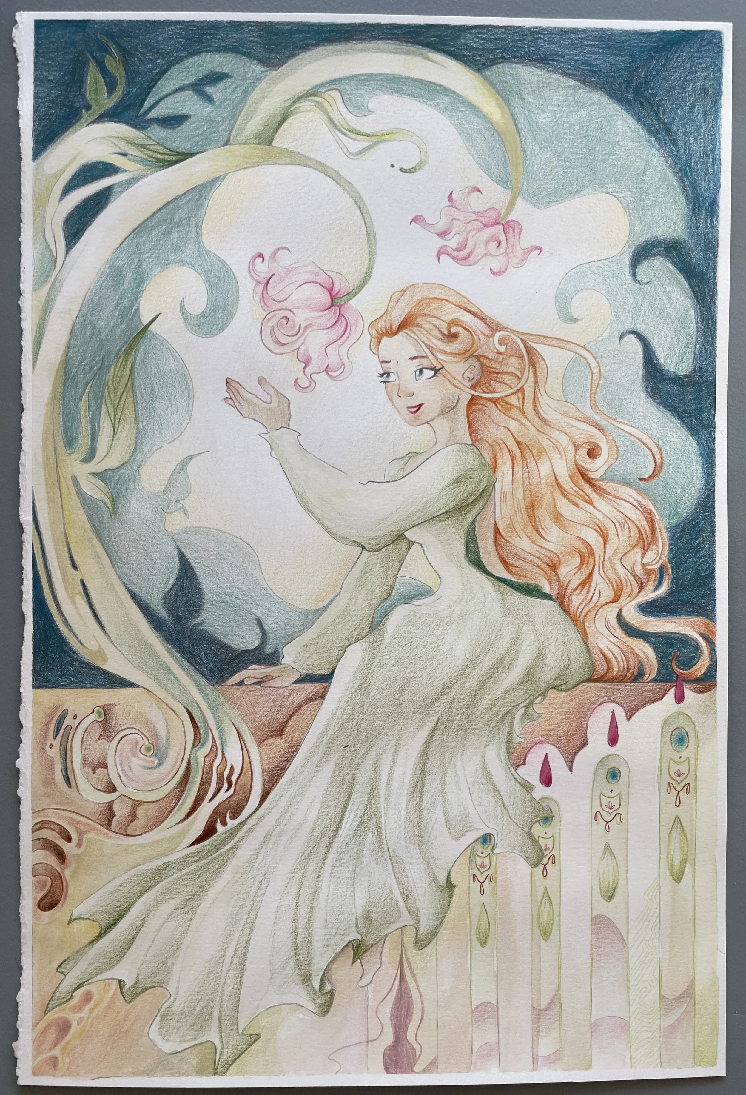 "In The Garden"
12x17", colour pencil, watercolour on paper