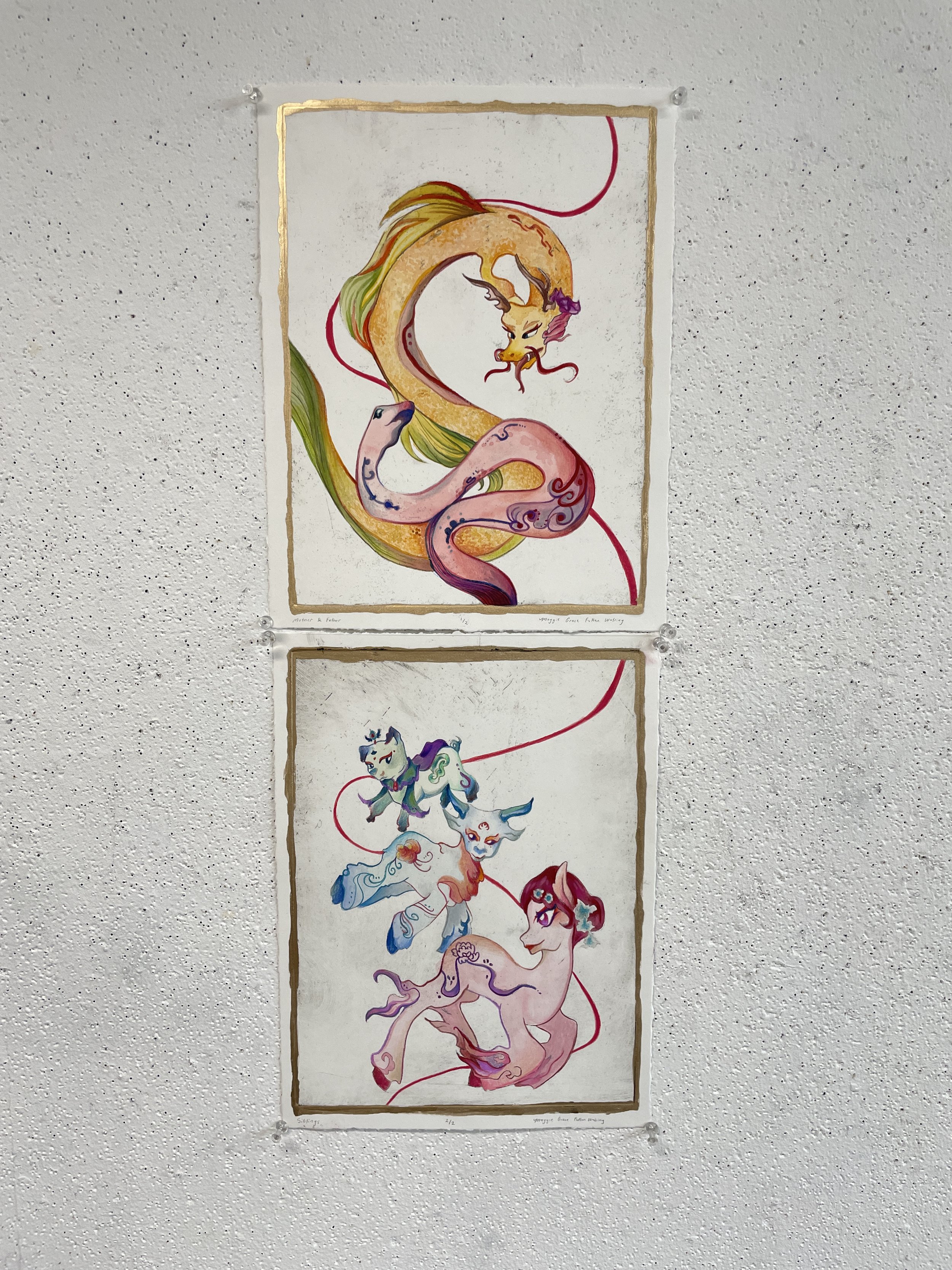 "Family Zodiacs”
dimensions vary, etching on copper plate (printmaking), watercolour, colour pencil, gold paint