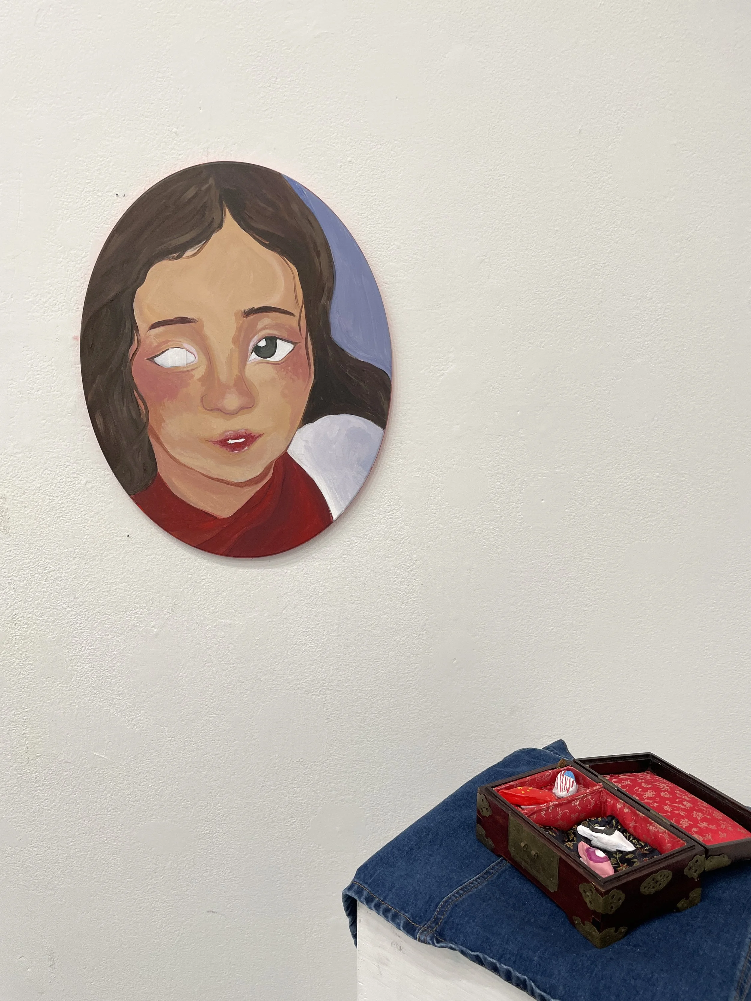 “What Am Eye Supposed To Be?”
dimension varies, acrylic on canvas, four clay prosthetic eyes kept inside an antique chinese box