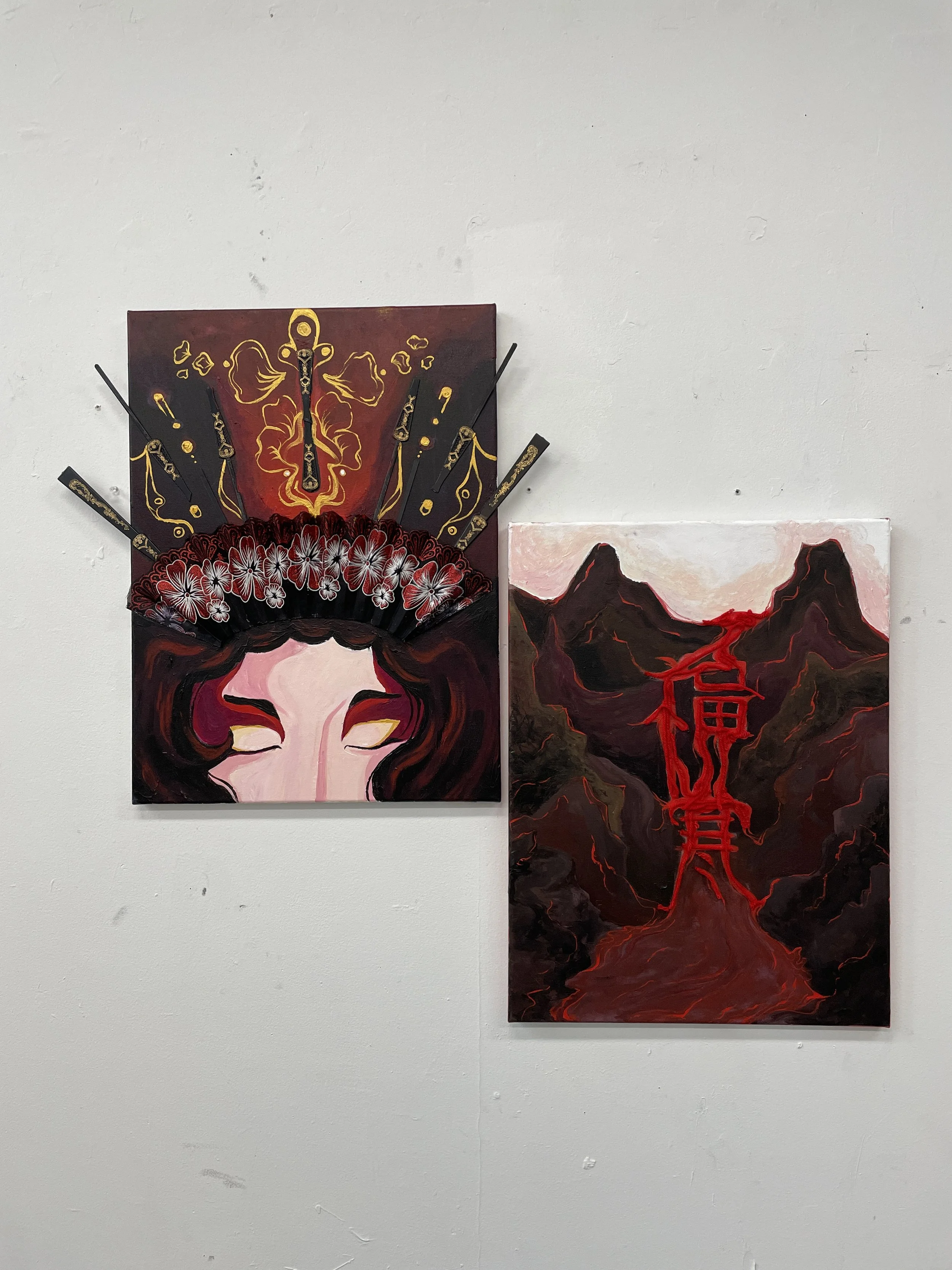 "In Another Life”
both 18x24”, acrylic, broken fan, and red thread on canvas, 2023