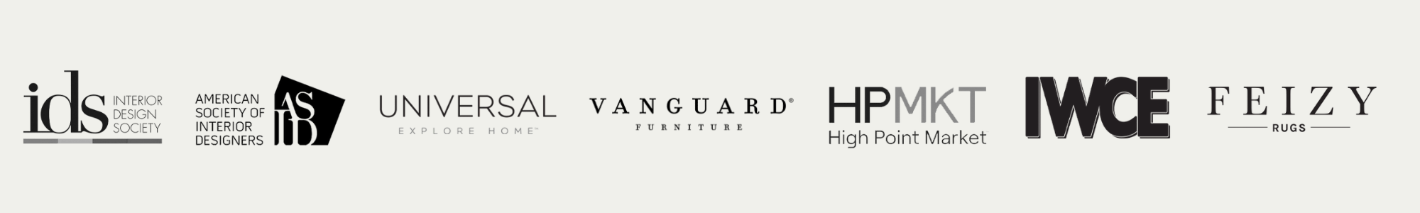 Logos of various home and interior design brands and organizations, including IDS, ASID, Universal, Vanguard, HPMKT, IMCE, and Feizy Rugs.