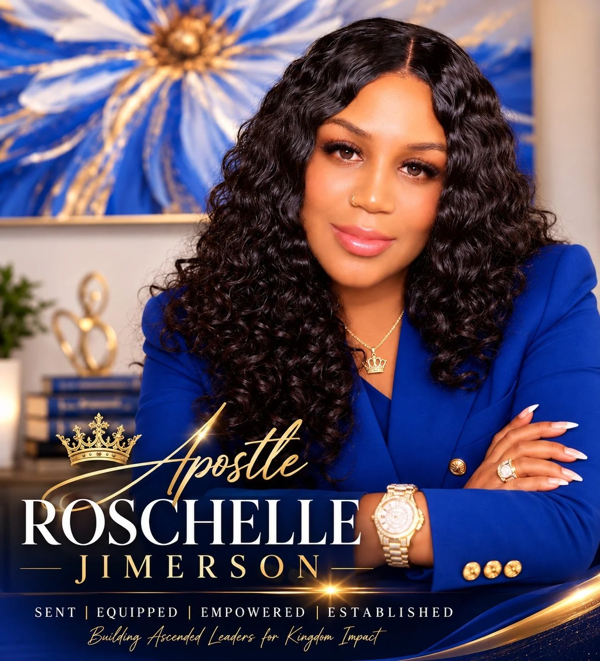 Apostle Roschelle Jimerson in a royal-blue suit. Sent, equipped, empowered, established.