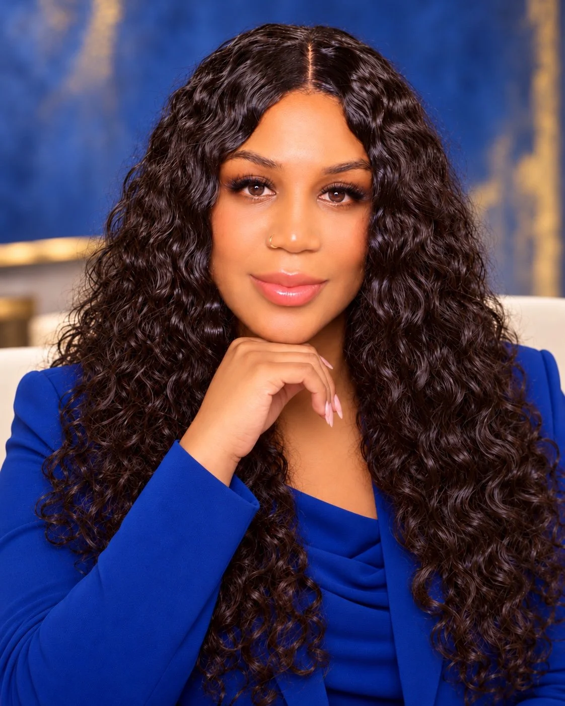 Apostle RA Jimerson in a royal-blue suit, with her hand beneath her chin.