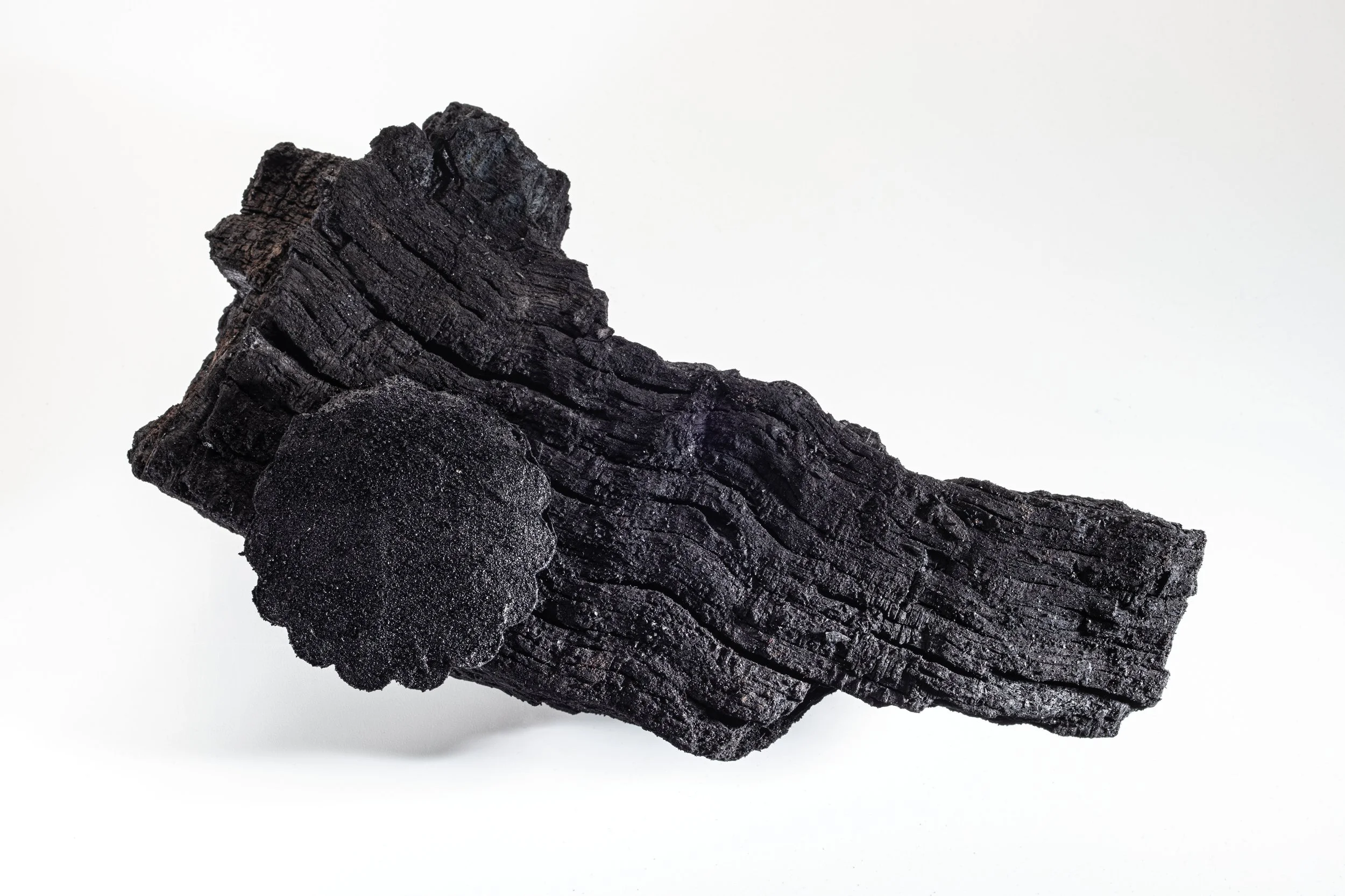 Carbón vegetal en forma de bloque con textura áspera, sobre un fondo blanco.