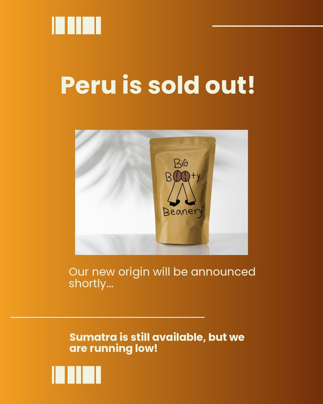 Our Peru origin has officially poured its last cup.

We&rsquo;re so grateful for everyone who enjoyed its smooth, chocolatey notes while it lasted 
But don&rsquo;t worry &mdash; our Sumatra is still brewing strong, and something new &amp; exciting is