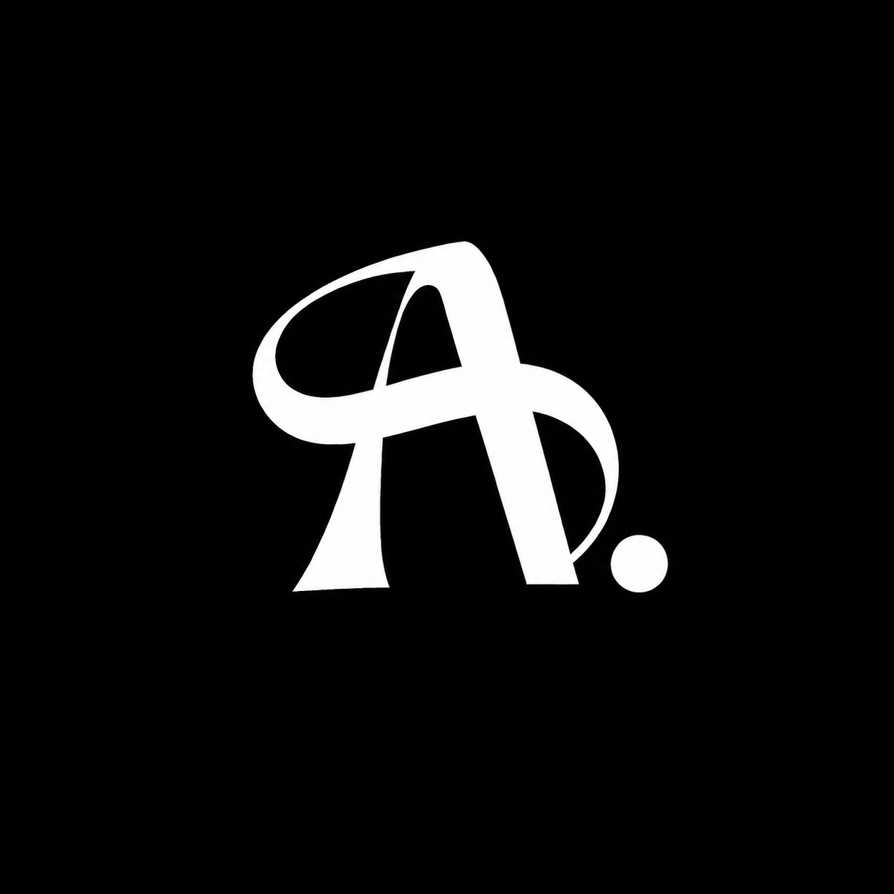 Une image avec une lettre A stylisée et un symbole de point à côté, en blanc sur fond noir.