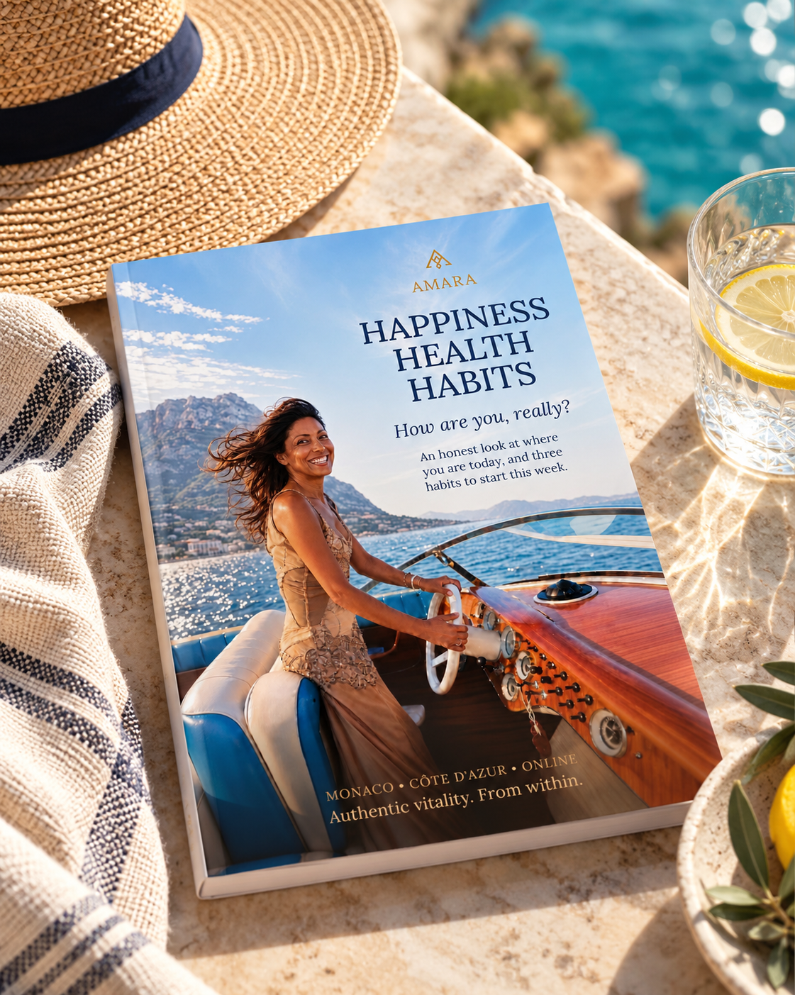 Brochure titled 'Happiness Health Habits' with a woman smiling on a boat with a scenic mountain and water background, placed next to a glass of lemon water on a sunny outdoor table.