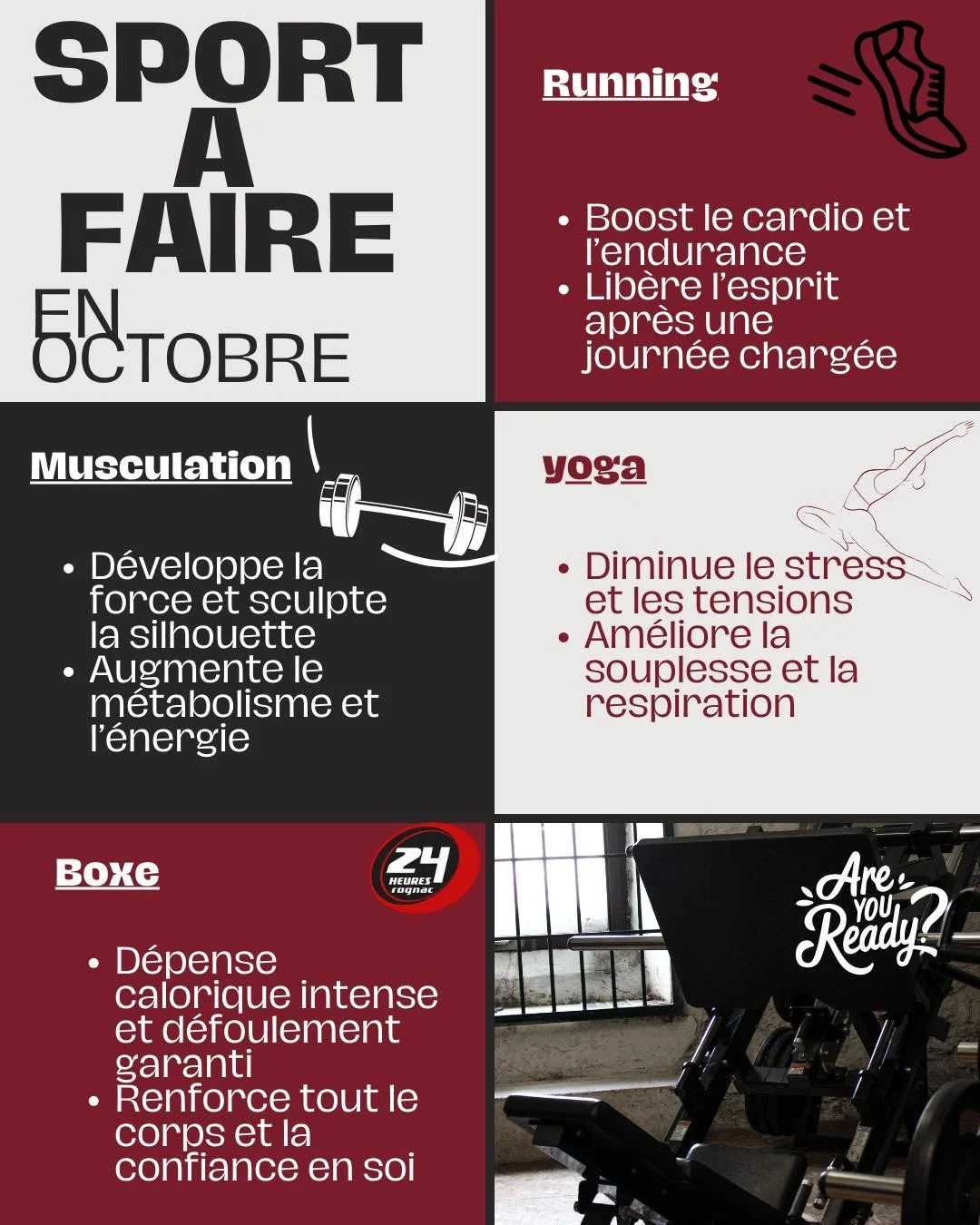 Octobre arrive 🍂 et avec lui, les bonnes r&eacute;solutions qui doivent tenir (pas que les citrouilles 🎃).
Muscu, yoga, running, boxe&hellip; peu importe le sport, l&rsquo;essentiel c&rsquo;est de garder le rythme 💪

😅 Pas besoin d&rsquo;un progr