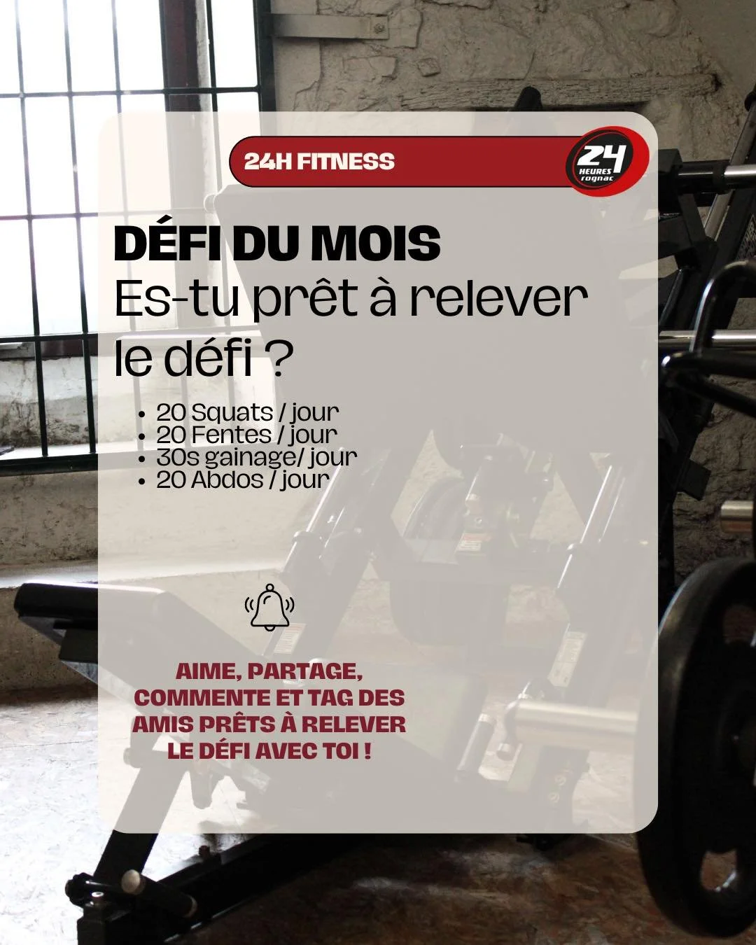 ❄️ D&eacute;fi du mois ❄️
Chaque jour, un petit effort pour pr&eacute;parer ton hiver en forme 💪
(Promis, c&rsquo;est plus efficace que d&rsquo;hiberner sous un plaid avec des raclettes 😂).

👉 Rejoins-nous chez 24h Fitness et rel&egrave;ve le d&ea
