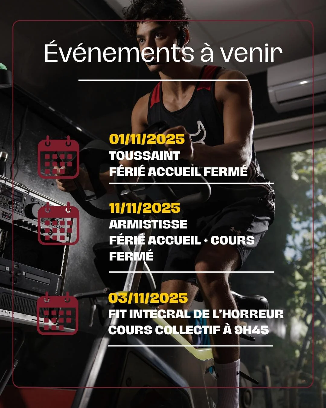 🍂 Le mois de novembre s&rsquo;annonce charg&eacute; chez 24h Fitness Rognac !

📅 1er novembre &ndash; F&eacute;ri&eacute; (Toussaint)
📅 3 novembre &ndash; Fit Int&eacute;gral sp&eacute;cial Halloween 🎃
📅 11 novembre &ndash; F&eacute;ri&eacute; (