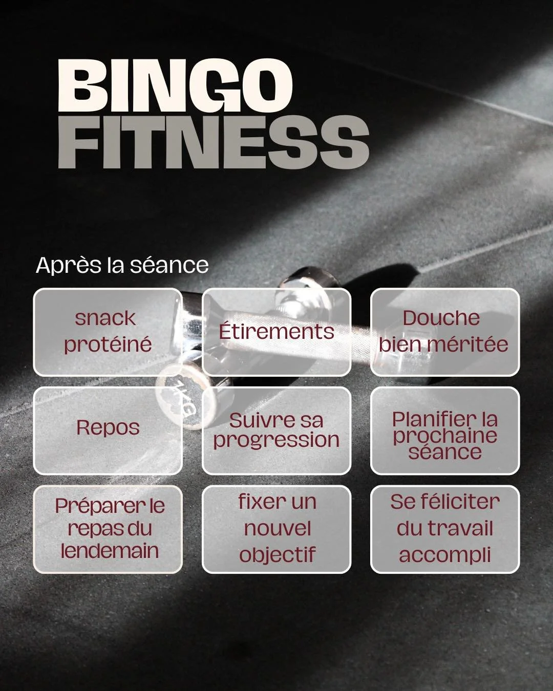 Boire, &eacute;tirer, r&eacute;cup&eacute;rer&hellip; et se f&eacute;liciter 💥 Ton bingo post-s&eacute;ance t&rsquo;accompagne jusqu&rsquo;au prochain entra&icirc;nement ! #FitnessRoutine #recuperation