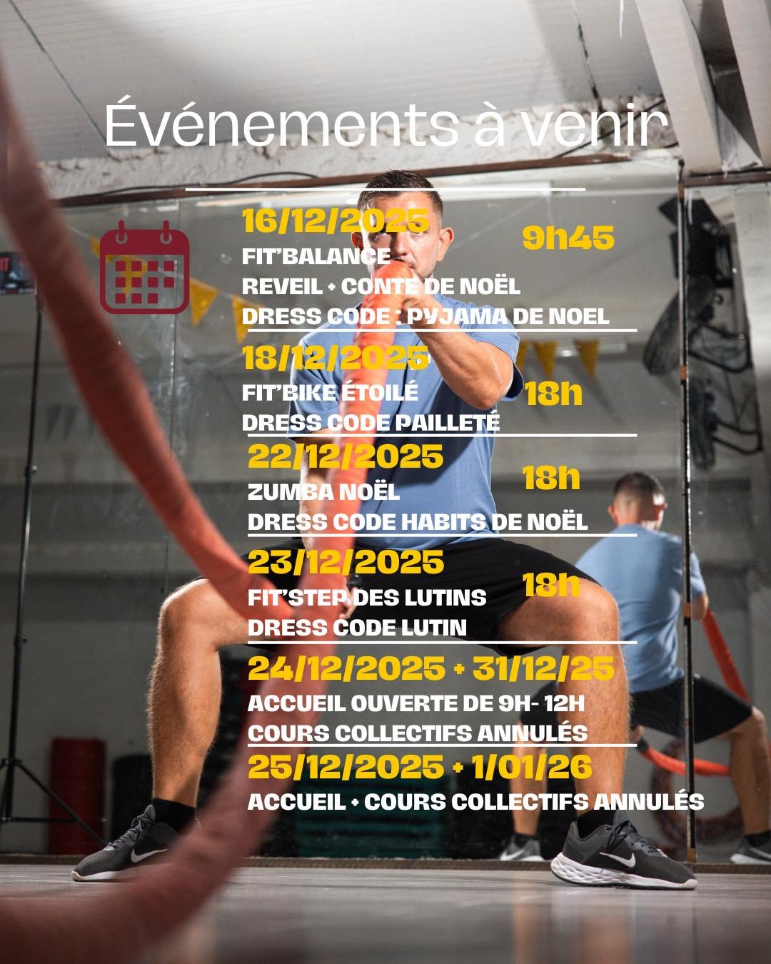 ✨ Le mois de d&eacute;cembre s&rsquo;annonce charg&eacute; en surprises ! ✨
Entre d&eacute;fis, animations et moments forts, ce mois sera rempli de motivation et de bonne humeur 💪🎄

🎉 Pr&ecirc;t(e) &agrave; vivre un mois plein d&rsquo;&eacute;nerg