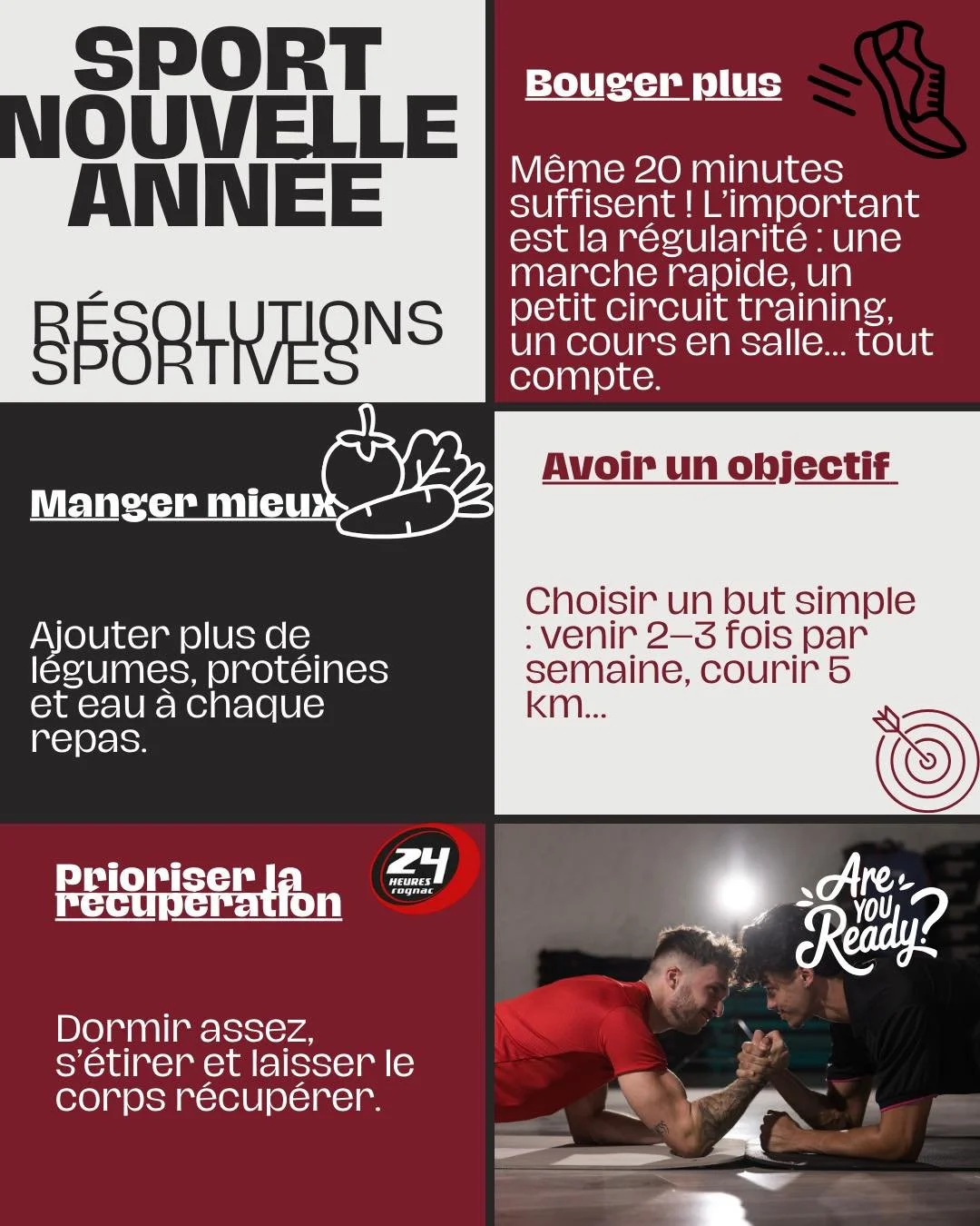 Nouvelle ann&eacute;e, nouveaux objectifs ! 💥
On lance 2026 avec 4 bonnes r&eacute;solutions sportives simples, efficaces et pr&ecirc;tes &agrave; booster ta motivation. 💪✨
Cette ann&eacute;e, on l&acirc;che rien et on avance ensemble. Pr&ecirc;t(e