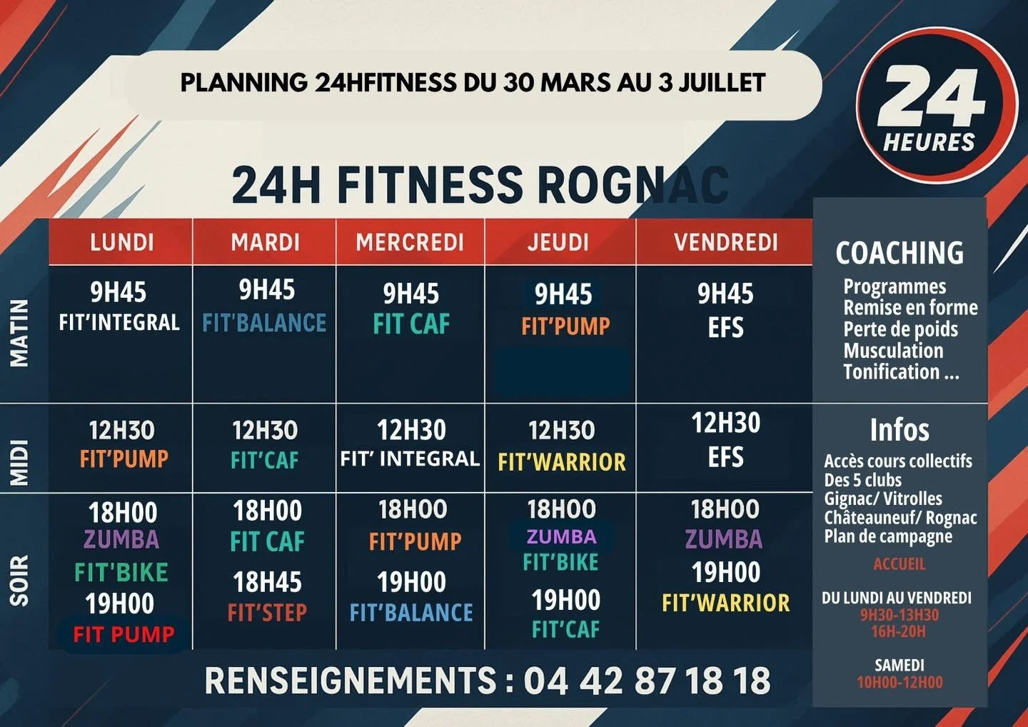 Nouveau planning pour les cours collectifs 💪🏻
Enregistrez le pour &ecirc;tre s&ucirc;r de ne rien louper 😉
N&rsquo;oubliez pas de vous inscrire afin d&rsquo;&ecirc;tre s&ucirc;r de participer aux cours.