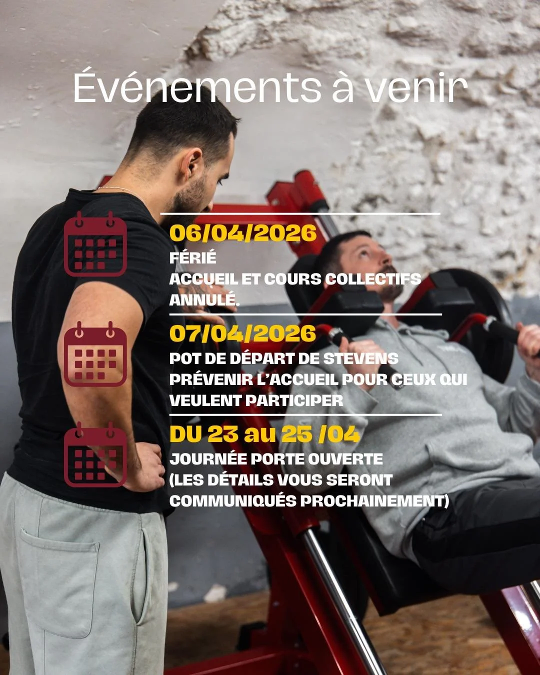 📅 Les prochains &eacute;v&eacute;nements &agrave; ne pas manquer !

Entre moments de partage, sport et convivialit&eacute;, la salle vous r&eacute;serve encore de belles choses &agrave; venir 👇

🎉 Pot de d&eacute;part
🏋️&zwj;♂️ Journ&eacute;e por