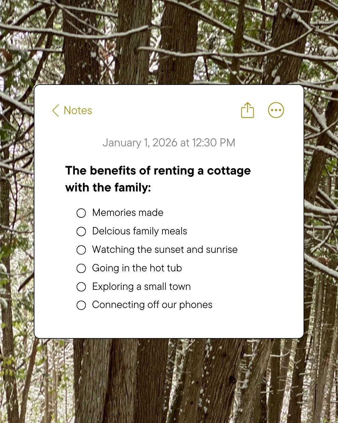 Does your Notes app have ideas like this for 2026?
Because ours looks a little like&hellip;

&bull; Winter hot tub nights
&bull; Summer swims off the dock
&bull; Board game marathons
&bull; BBQ dinners
&bull; Sunset paddles
&bull; Toboggan runs
&bull