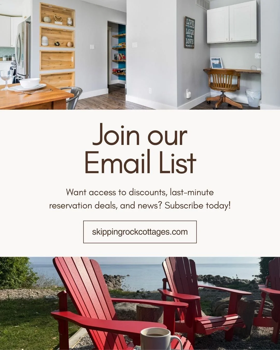 📬 Want first dibs on the good stuff?

Join our email list by visiting our website and be the first to know about last-minute availability, exclusive deals, seasonal offers, and special cottage moments we don&rsquo;t always share on social.

If you l