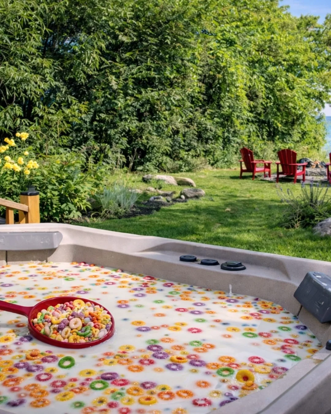 We've replaced the hot tub with a giant pool of cereal!

#AprilFools. 😉

But we ARE accepting applications for:

✔️ professional marshmallow roasters
✔️ sunset watchers
✔️ board game champions
✔️ rock painting artists

Think you qualify? Book a stay