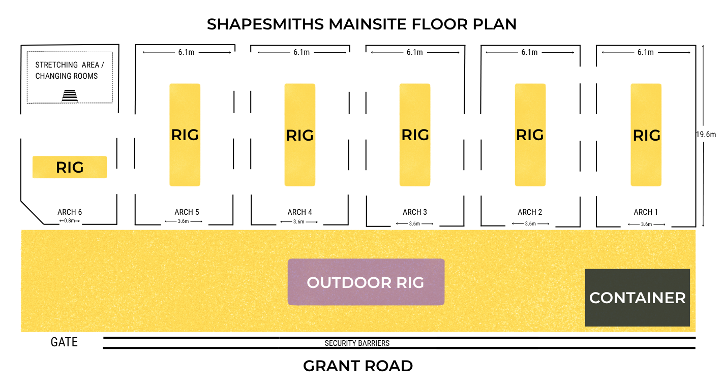 Main site plan Grant Road, Clapham Junction. Outdoor training space. Additionally, there is a designated stretching area or changing rooms on the top left.