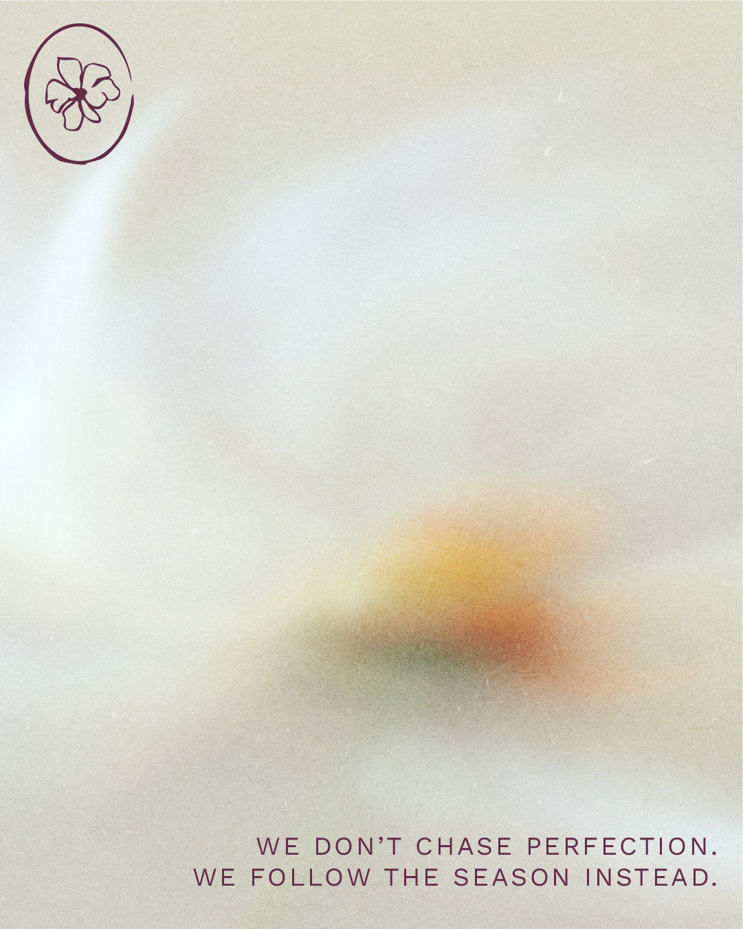 Blurred image with light beige background, with purple line drawing of a flower in a circle in the top left corner, and text at the bottom that reads 'We don't chase perfection. We follow the season instead.'