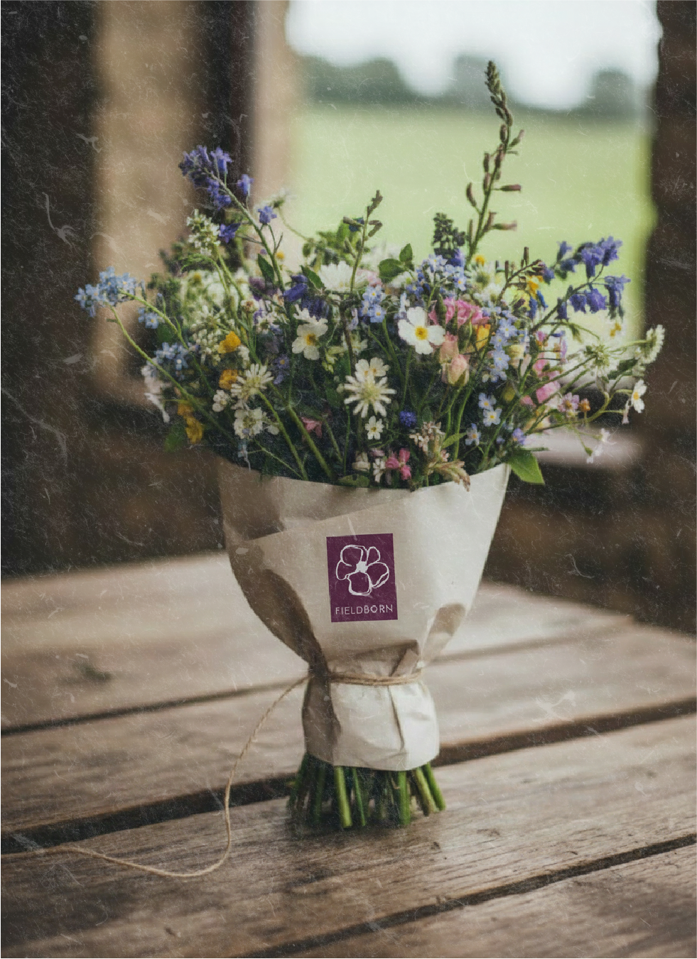 A bouquet of mixed wildflowers including daisies, forget-me-nots, pink, purple, yellow, and white flowers, wrapped in brown paper with a purple "FIELD BORN" sticker, placed on a rustic wooden surface near a window.