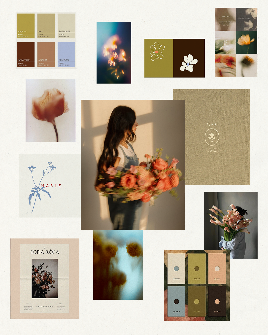 A collage of floral images and design elements, including a woman holding a large bouquet of pink flowers, color palettes, flower posters, and artistic floral photographs.