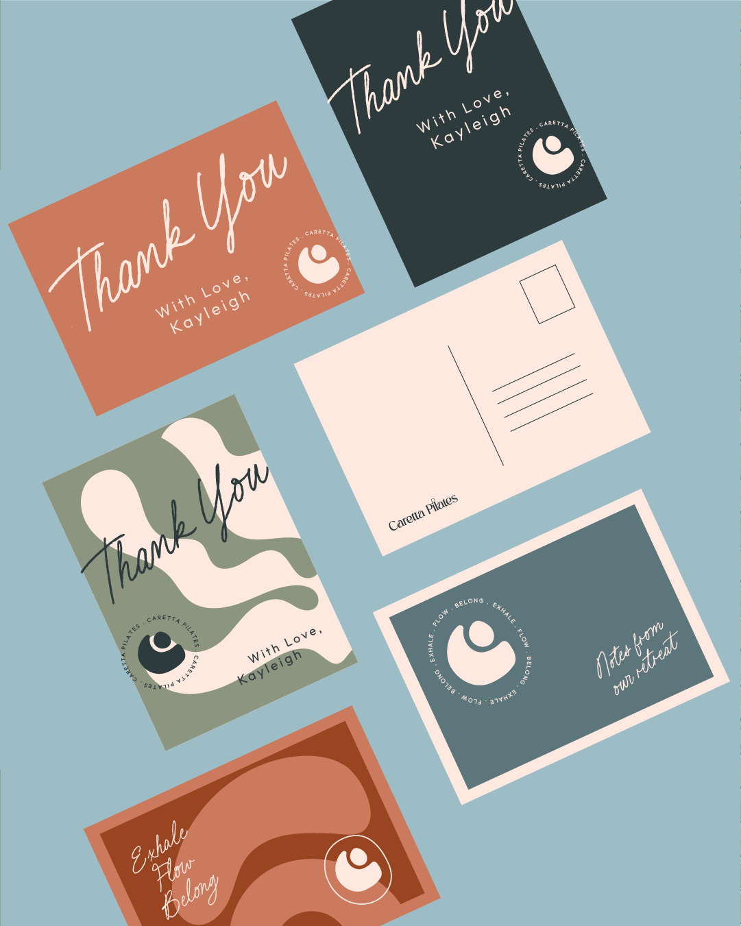 Collection of five thank you cards with various designs and colors, some with handwritten-style text, featuring the message 'Thank You' and personal notes, arranged on a light blue surface.