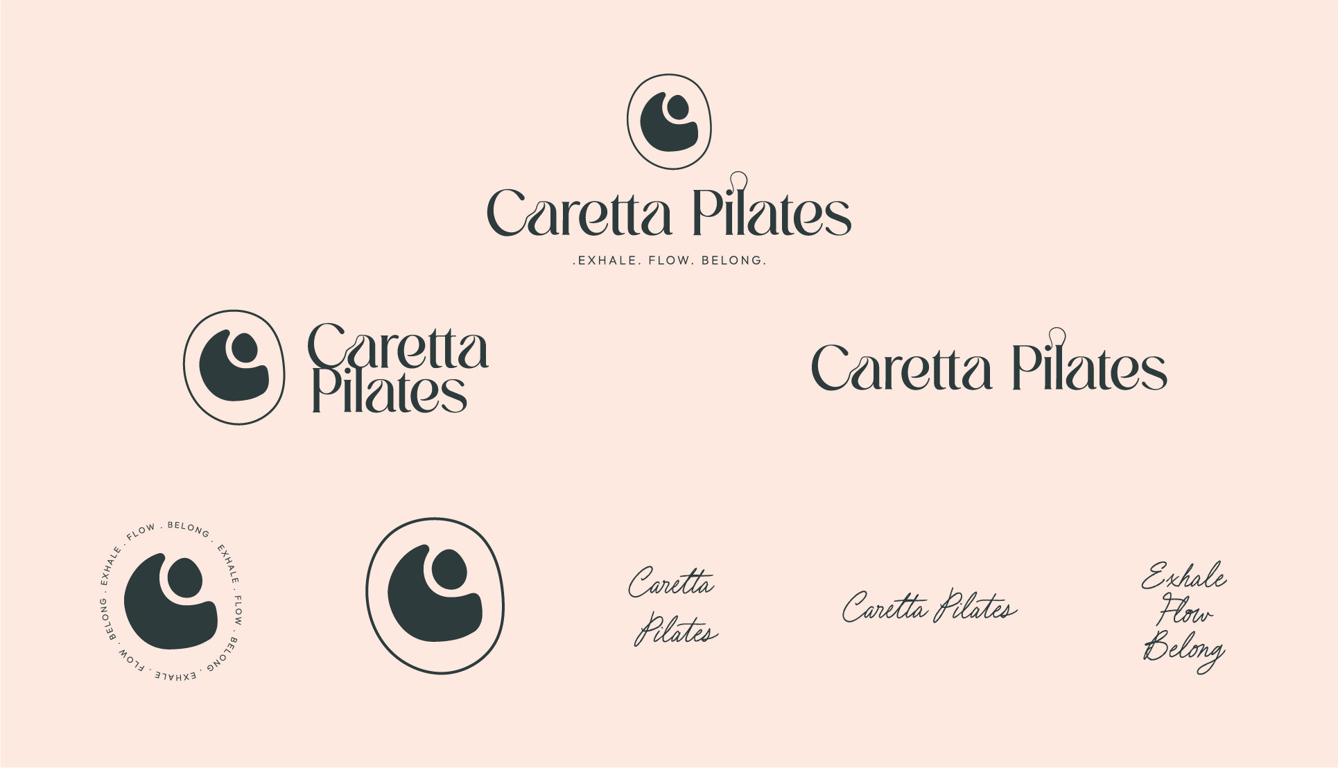 A graphic design collage featuring various logos and text for "Caretta Pilates" on a light pink background. The logos include a stylized turtle head, some with circular outlines, accompanied by the text "Caretta Pilates" in different fonts and styles. Additional phrases like "Exhale. Flow. Belong." and "Caretta Pilates" are also present.