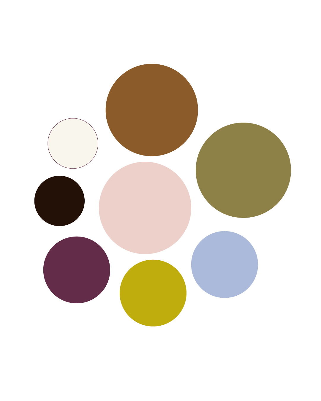 Color palette with ten circles in various colors including white, brown, olive green, purple, gold, light blue, black, pink, dark brown, and maroon on a black background.
