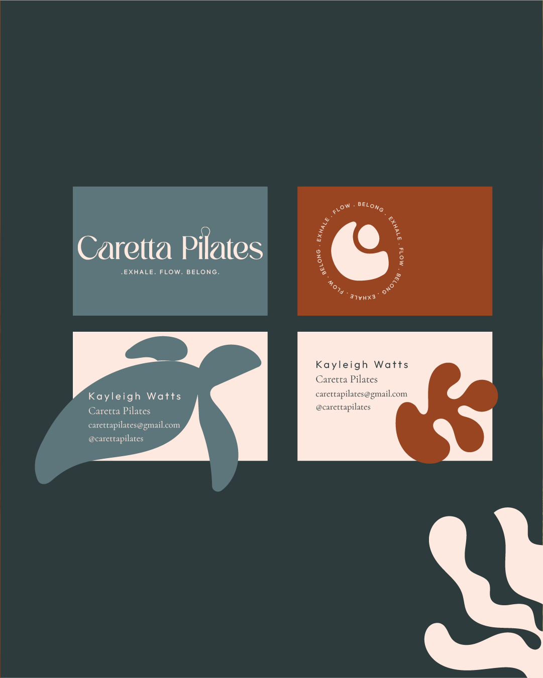 Business cards for Caretta Pilates featuring minimalist abstract designs and contact information for Kayleigh Watts.