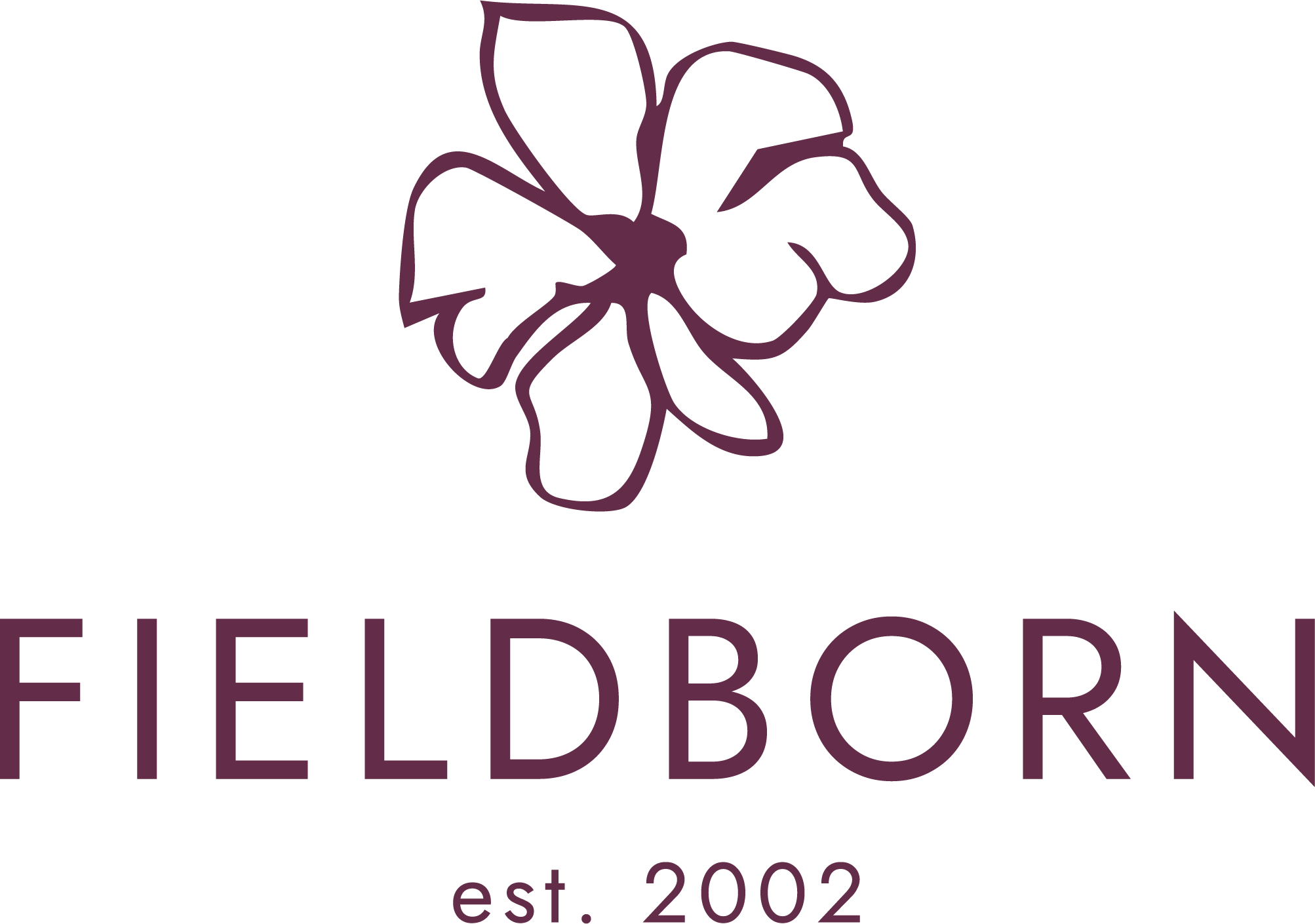 A logo for FieldBORN featuring a stylized flower with five petals outlined in purple, with the text 'FIELDBORN' in uppercase below in purple, and 'est. 2002' underneath in smaller purple font.