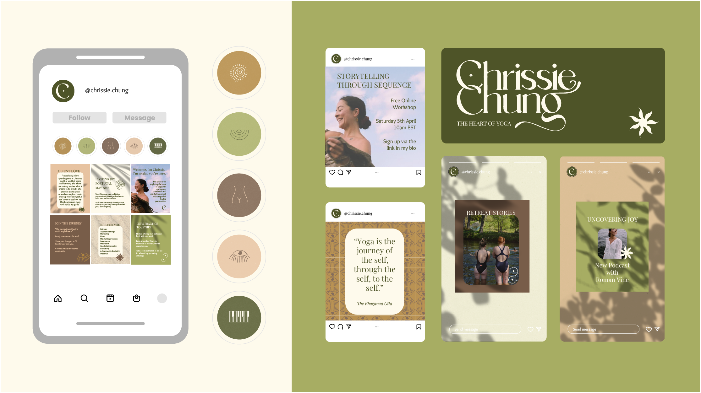 A digital collage of Instagram stories, profile, and highlights related to Chrissie Chung's yoga practice and workshops. The design features earthy tones, the subtitle 'THE HEART OF YOGA,' a quote from The Bhagavad Gita about yoga, and images of women in yoga poses and retreat settings.