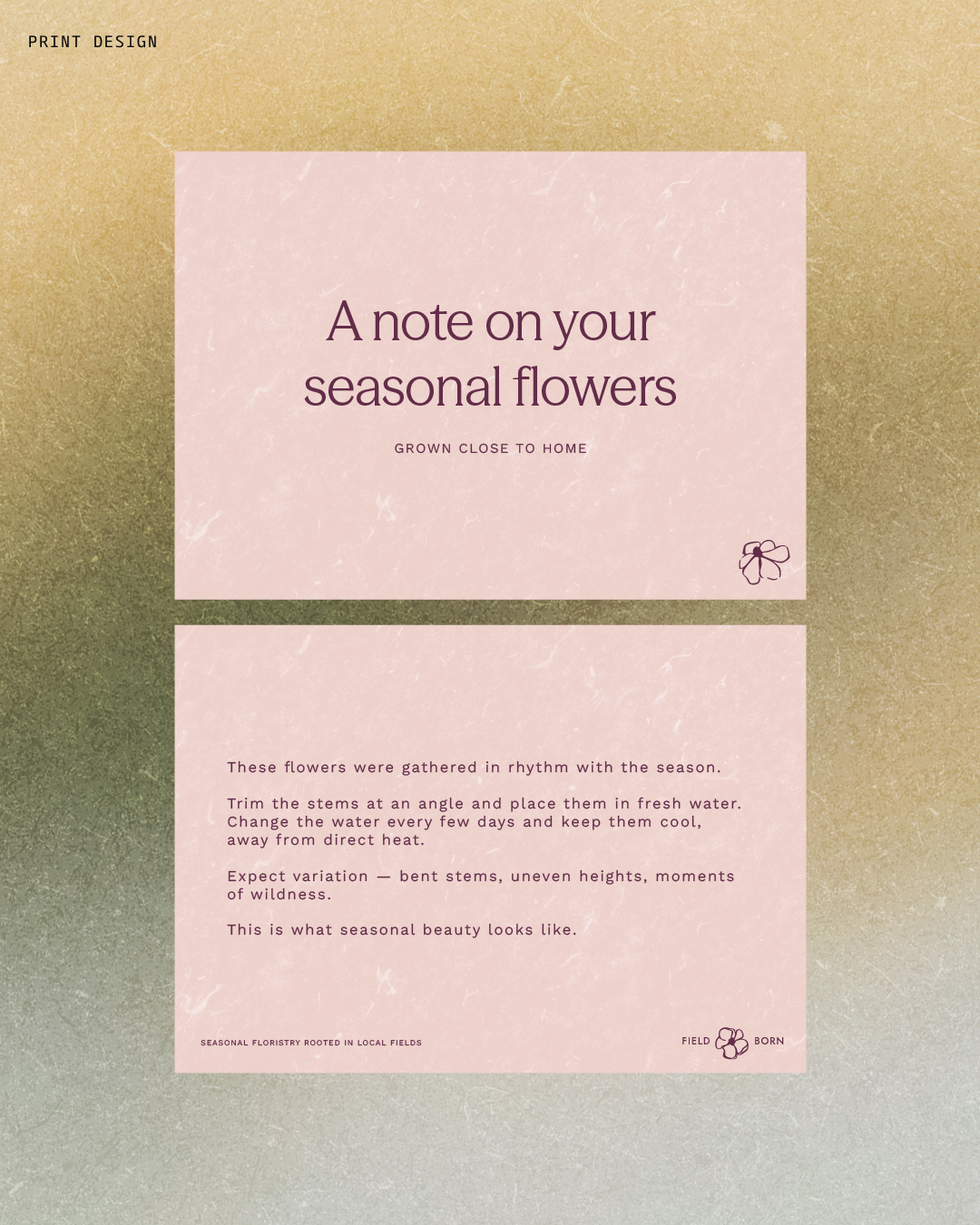 Design with pink and beige background featuring text about seasonal flowers and instructions for arranging flowers, with small floral illustrations.