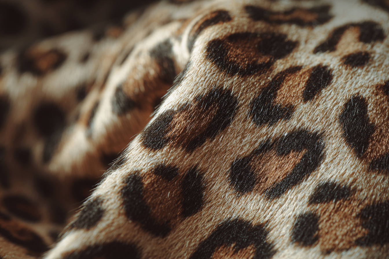 Close-up of a leopard's fur showing black rosettes on a yellowish-brown coat.