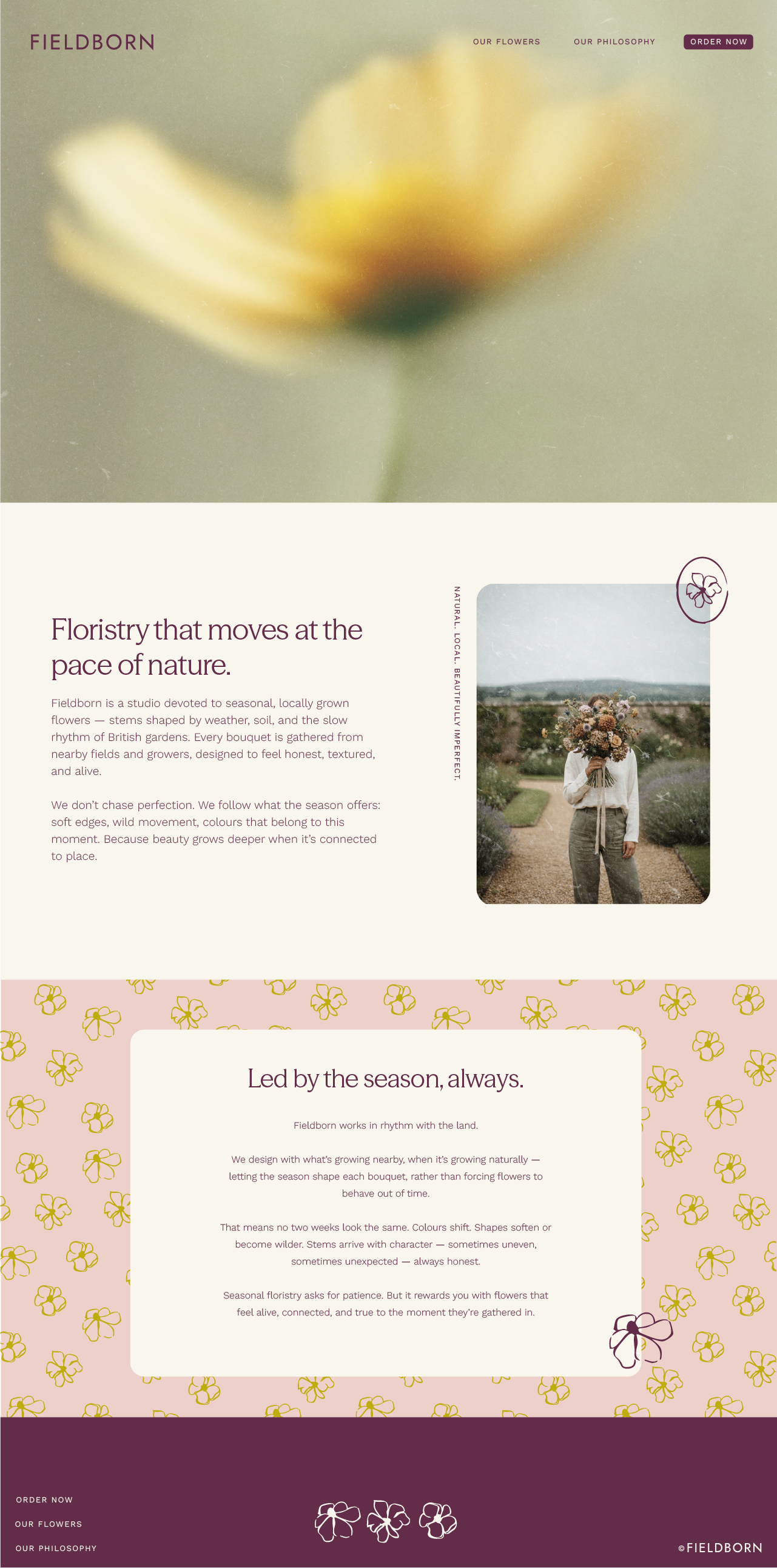 A webpage featuring a soft-focus yellow flower at the top, with text about seasonal, locally grown flowers and a photo of a person holding a bouquet of flowers in a field, all styled with floral and nature-inspired graphics.