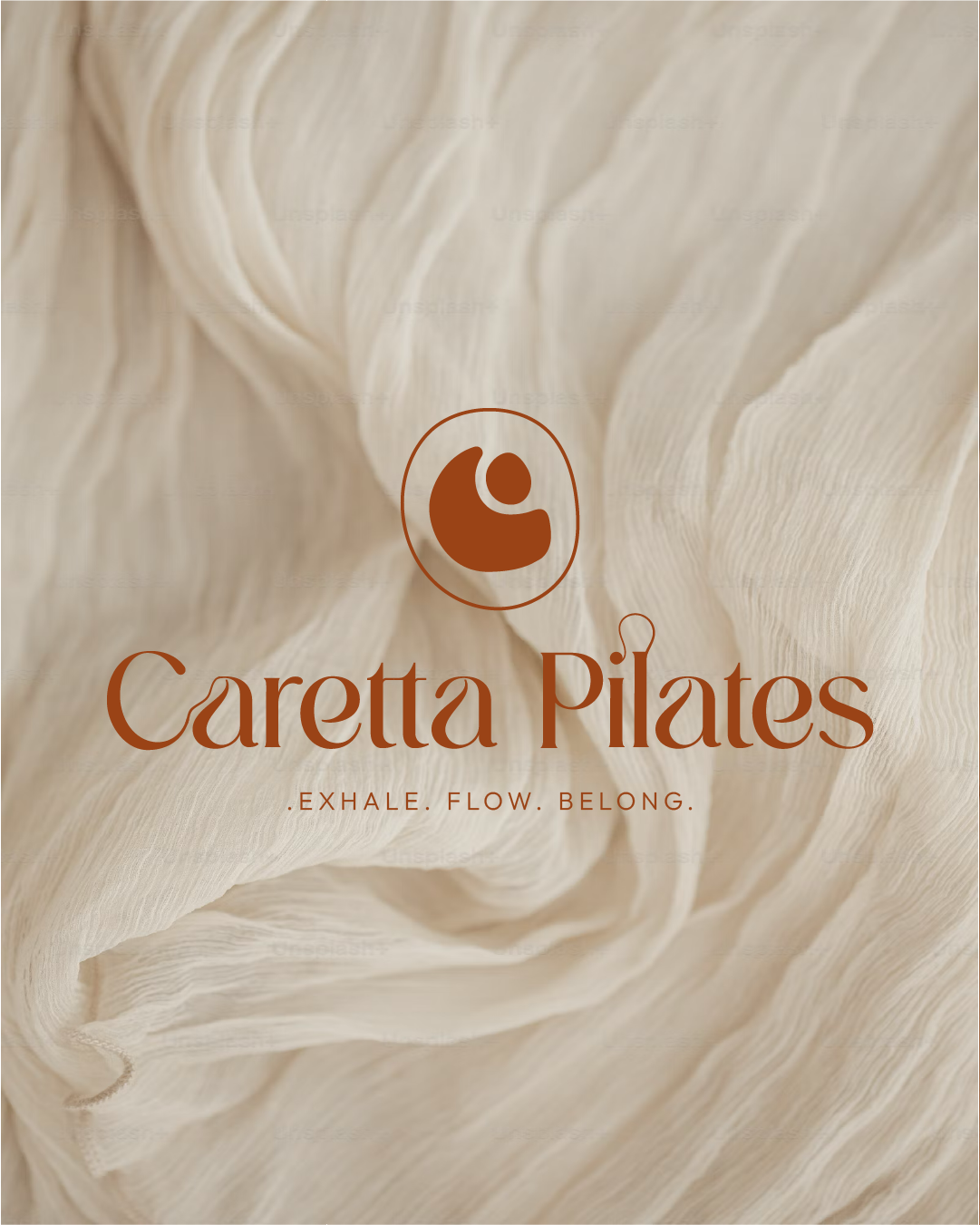 Logo for Caretta Pilates featuring a stylized person in a circular shape, with flowing beige fabric background and the tagline 'Exhale. Flow. Belong.' in brown text.