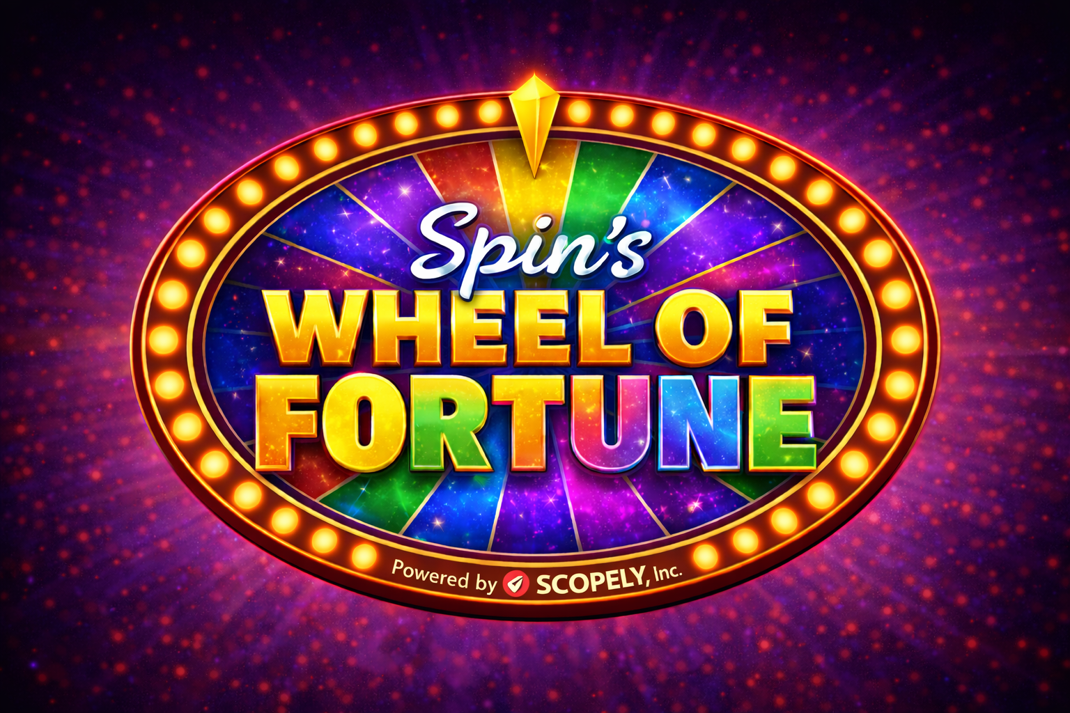 Colorful game show logo with a spinning wheel and the text 'Spin's Wheel of Fortune', glowing lights around the wheel, and a dynamic purple background with red dots.